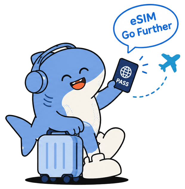 Shark mascot holding a passport, ready to board