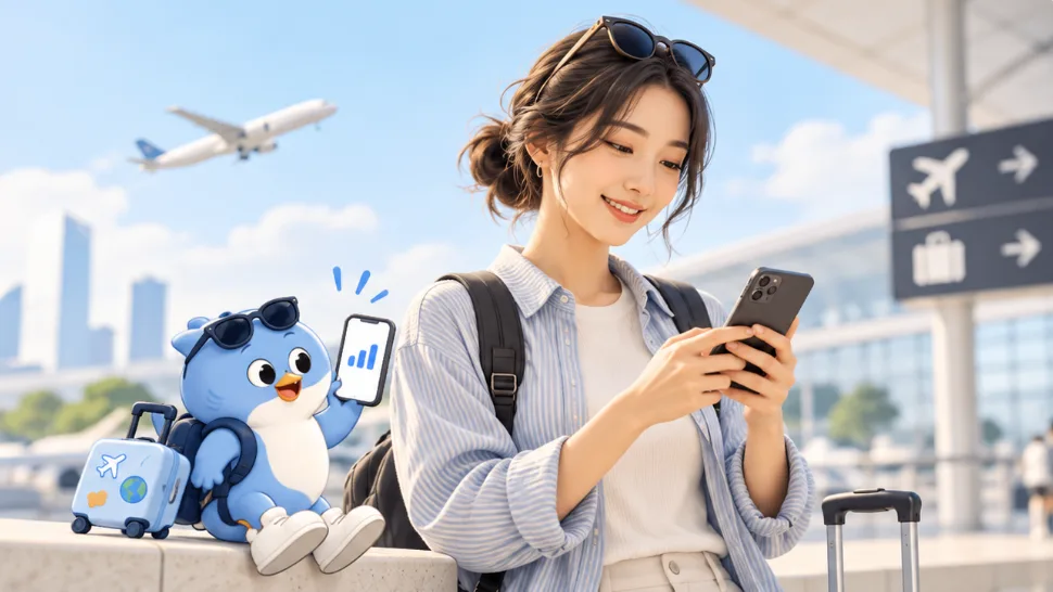 A traveller using an eSIM on her phone at the airport