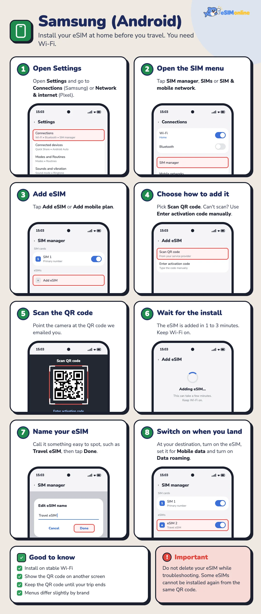 Installing an eSIM on Android before you travel, in eight steps: open Settings, open the SIM menu, add an eSIM, choose how to add it, scan the QR code, wait for the install, name the eSIM, and switch it on when you land
