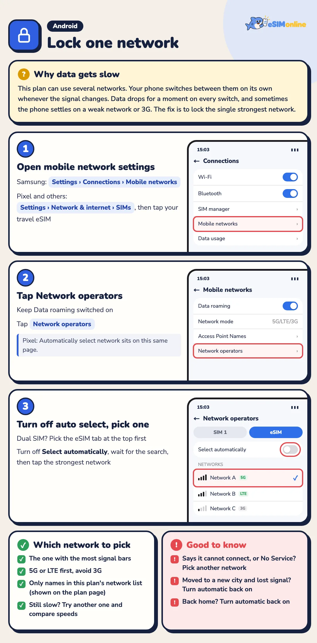 Locking one network on Android in three steps: open Mobile networks, tap Network operators, turn off Select automatically and pick the strongest network
